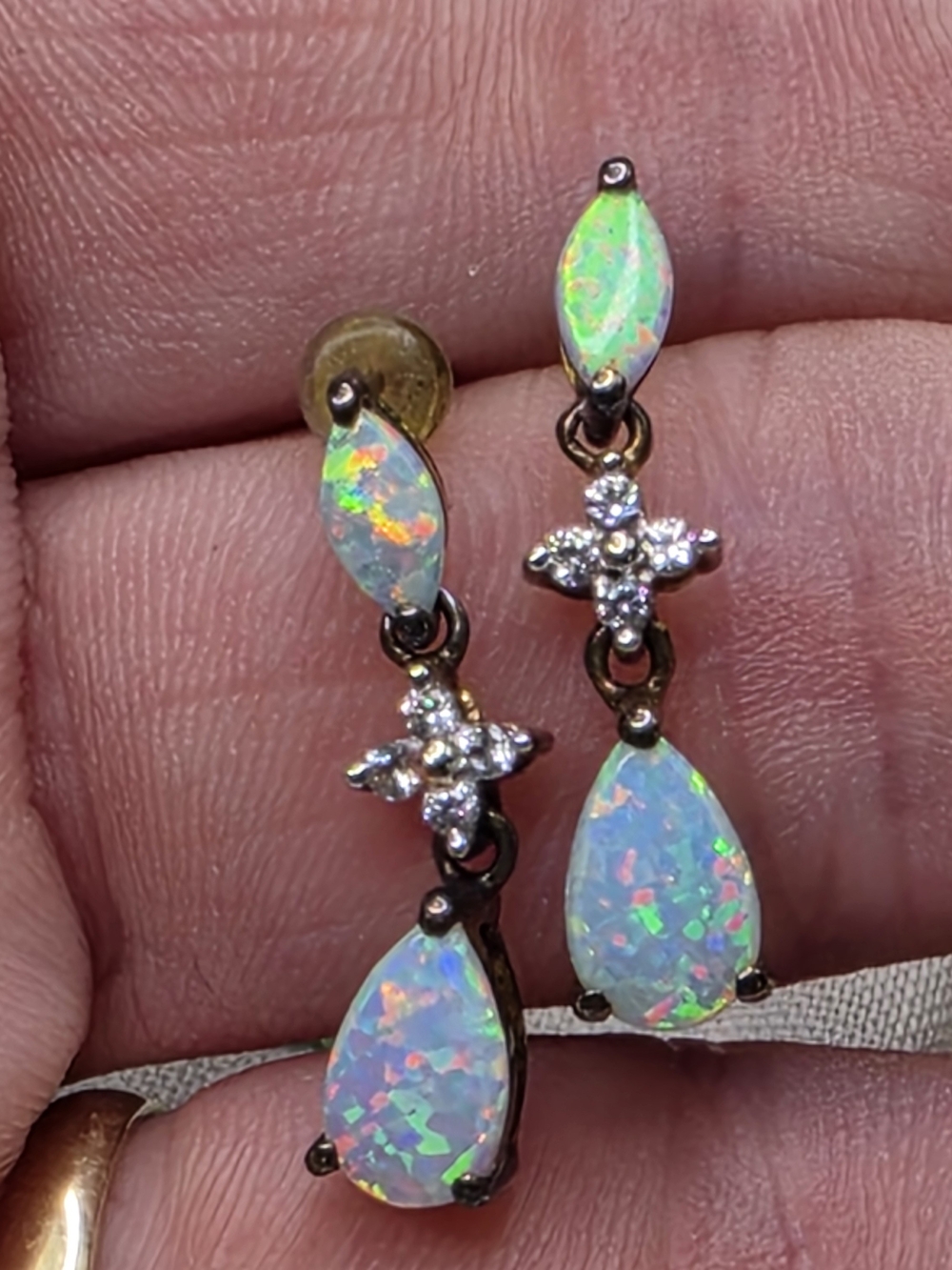 Gold Over Sterling White Opal Teardrop Dangle Earrings Cubic Zirconia Accents